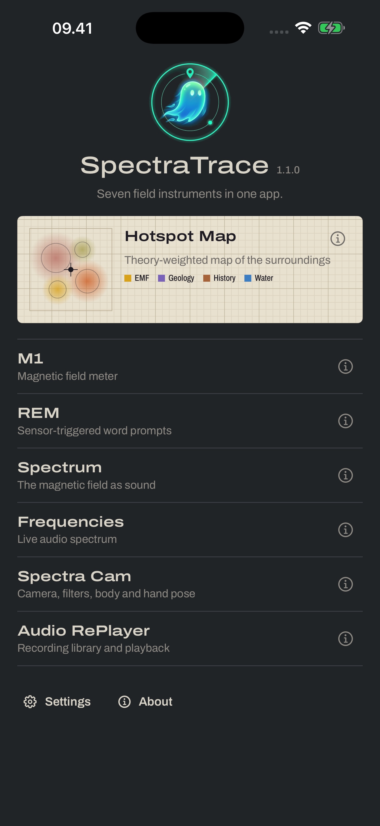 SpectraTrace home screen on the chart-recorder design: the Hotspot Map card at top, then the six other instruments listed below it
