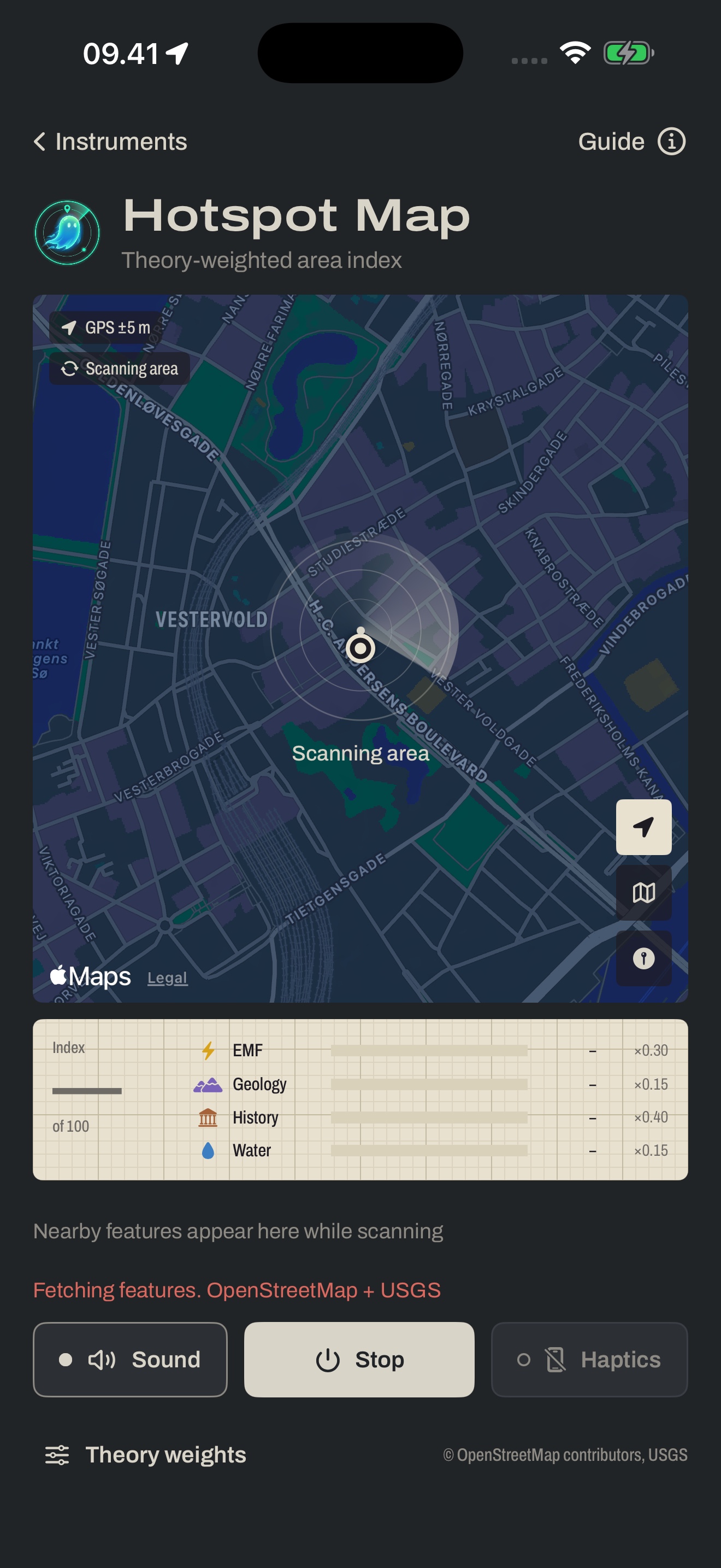 Hotspot Map screen showing a scanning radius over a street map and the theory-weighted index below it