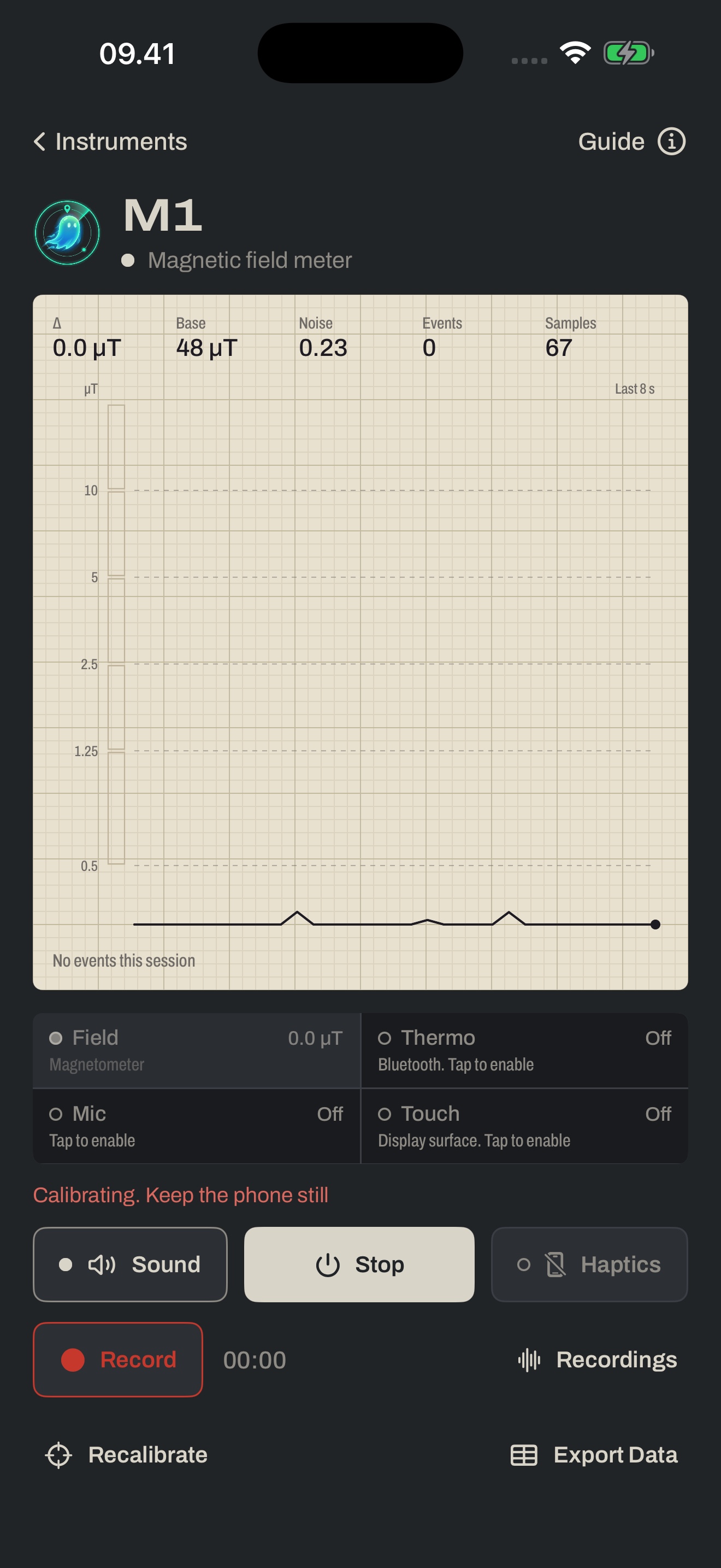 M1 screen: readouts row, the field chart on ruled paper, and the input chips for thermometer, microphone and touch