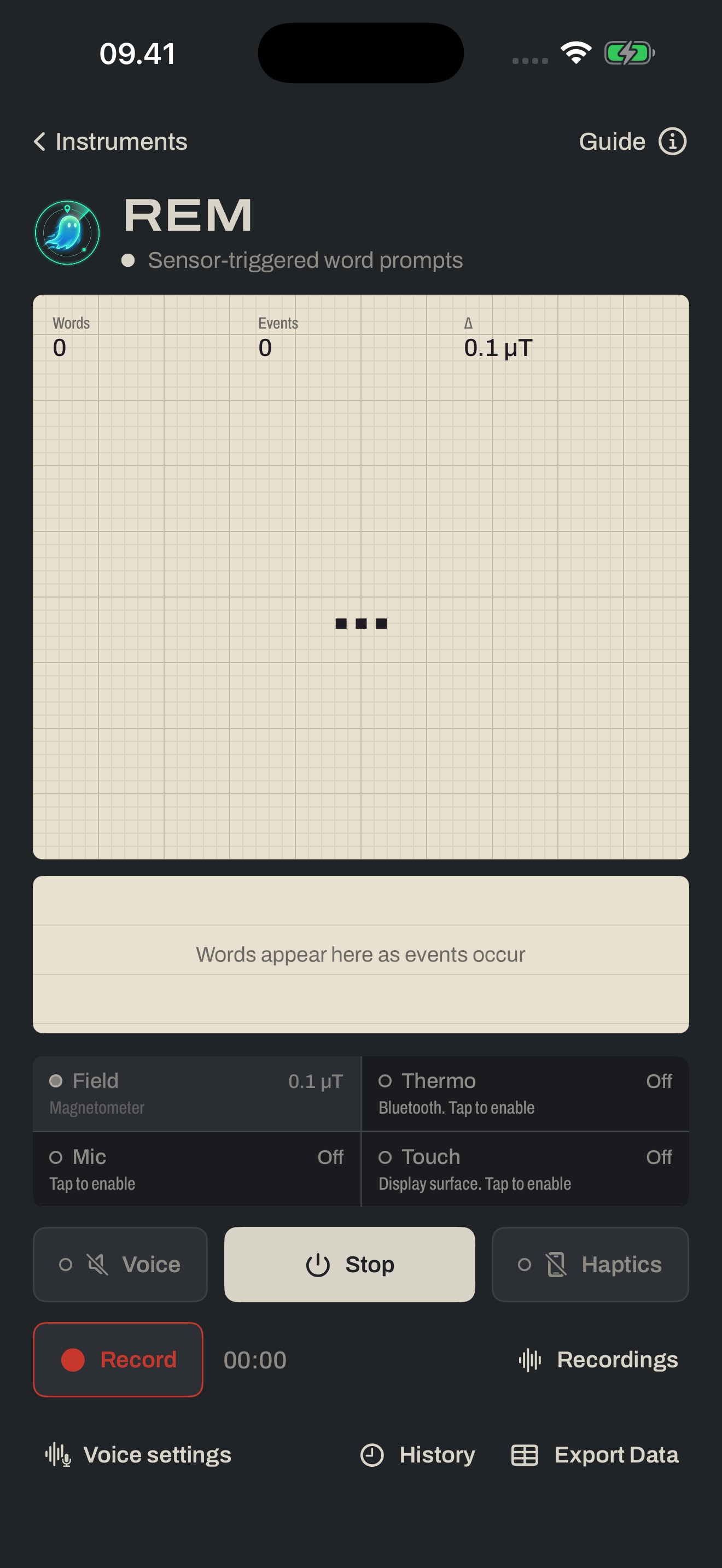 REM screen with a printed word on ruled paper and the event log below it