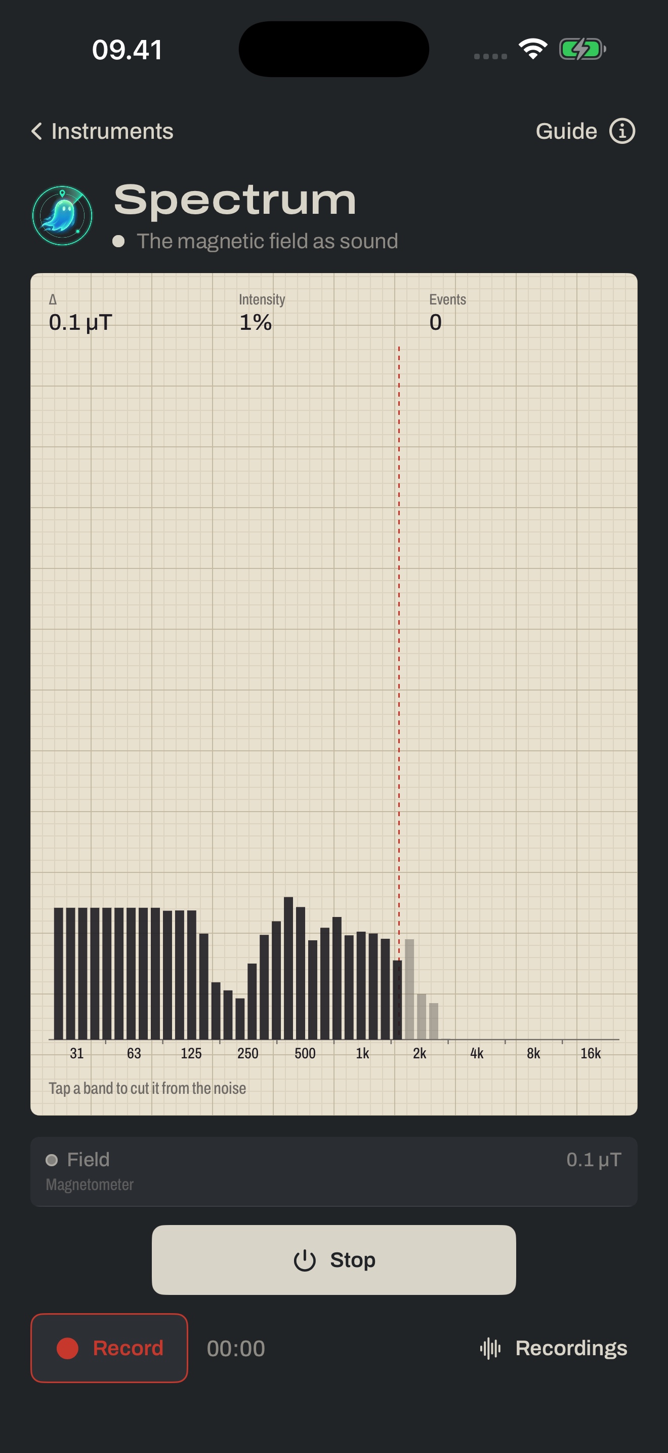 Spectrum screen with the ten-band analyser printed on ruled paper