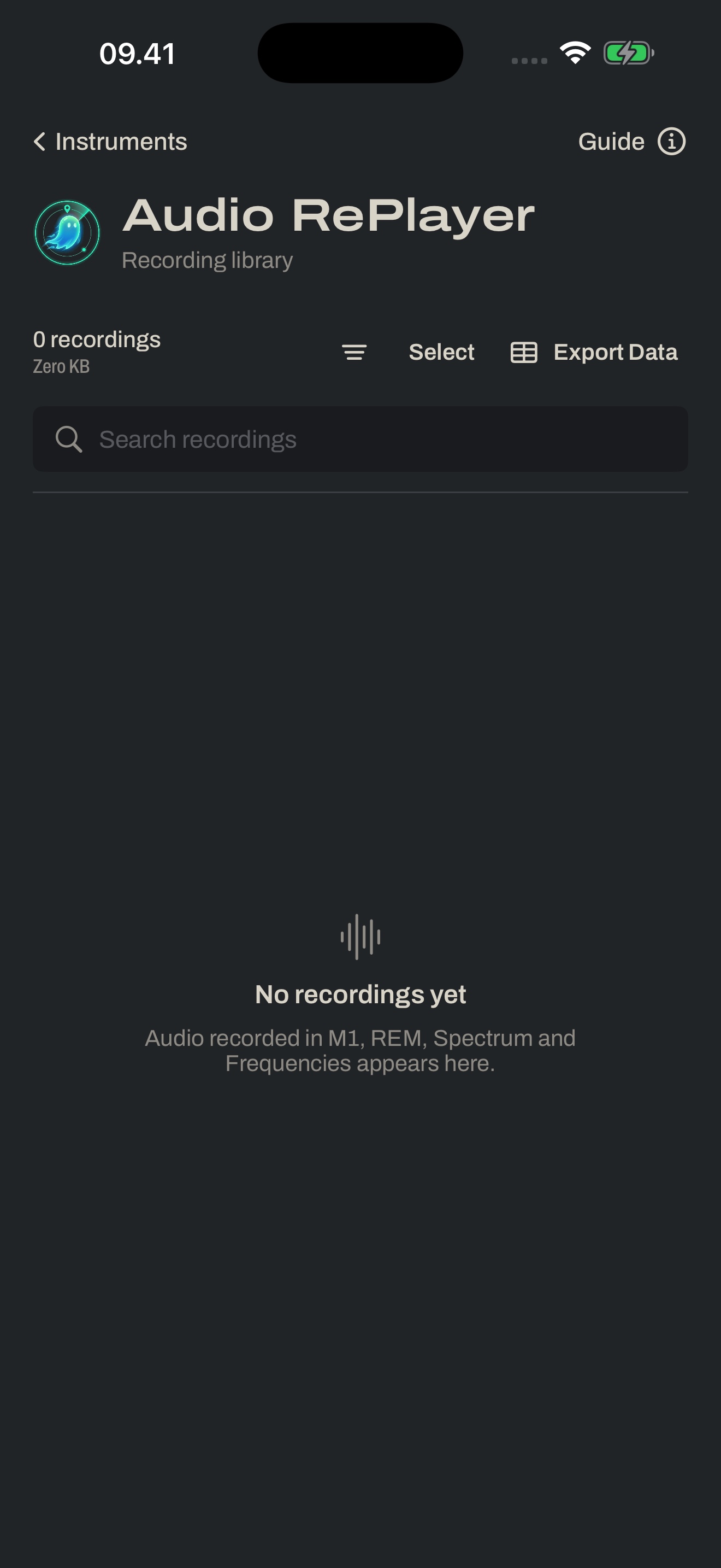 Audio RePlayer screen listing recordings, with search and export controls above the list